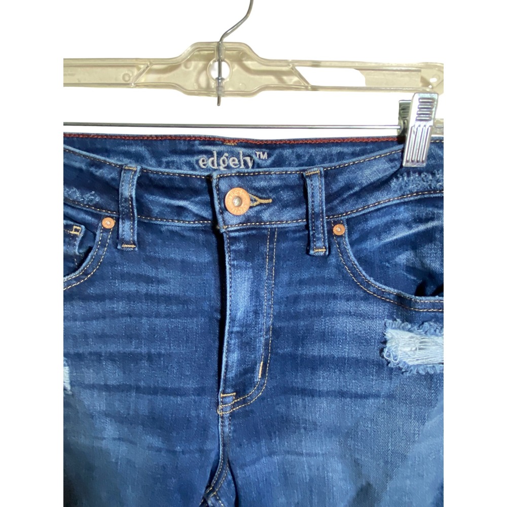 Edgely High Rise Flare Jeans Dark Wash Distressed Cropped‎ Denim Blue Size 10 - Picture 2 of 4